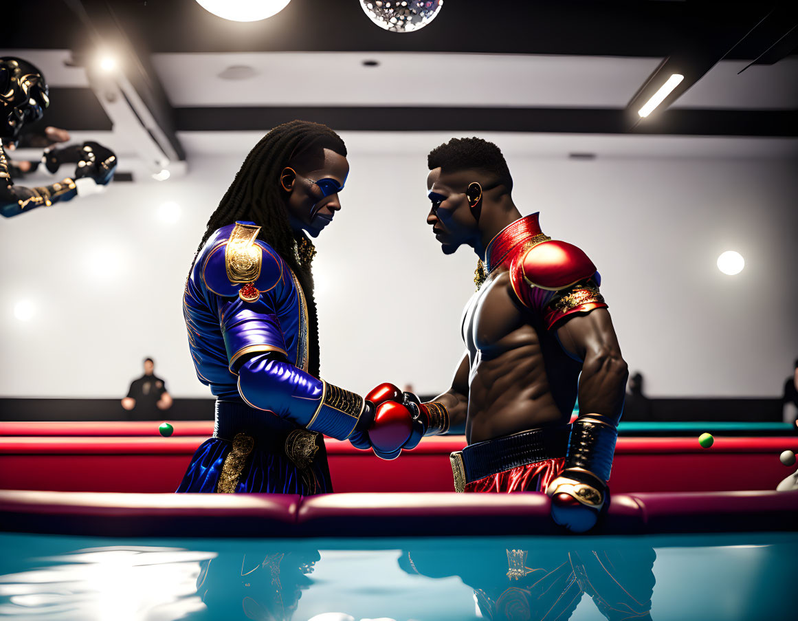 Stylized boxers in elaborate costumes face off in a ring with high emotions.