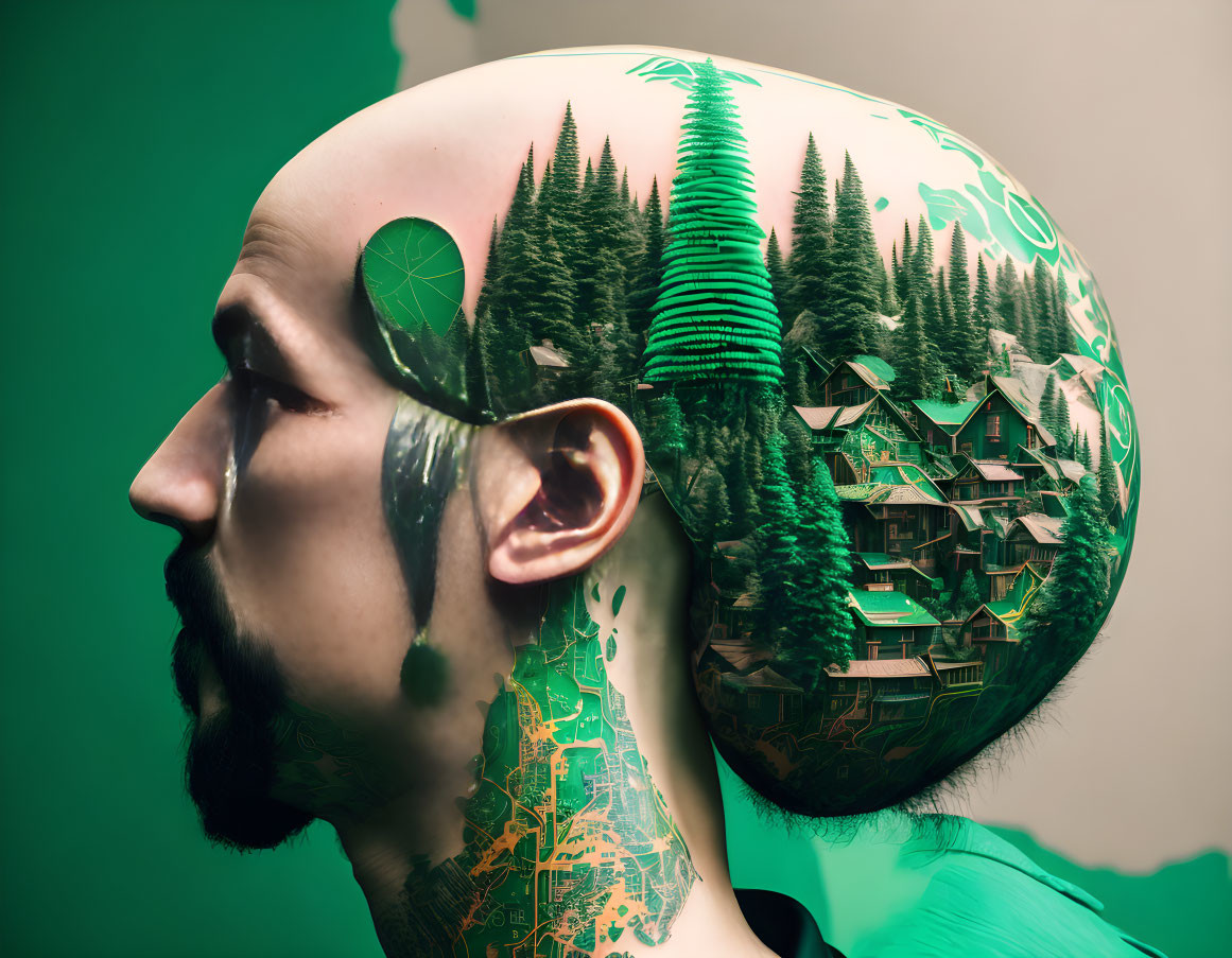 Person with Painted Head Showing Green Forest Landscape & Circuitry