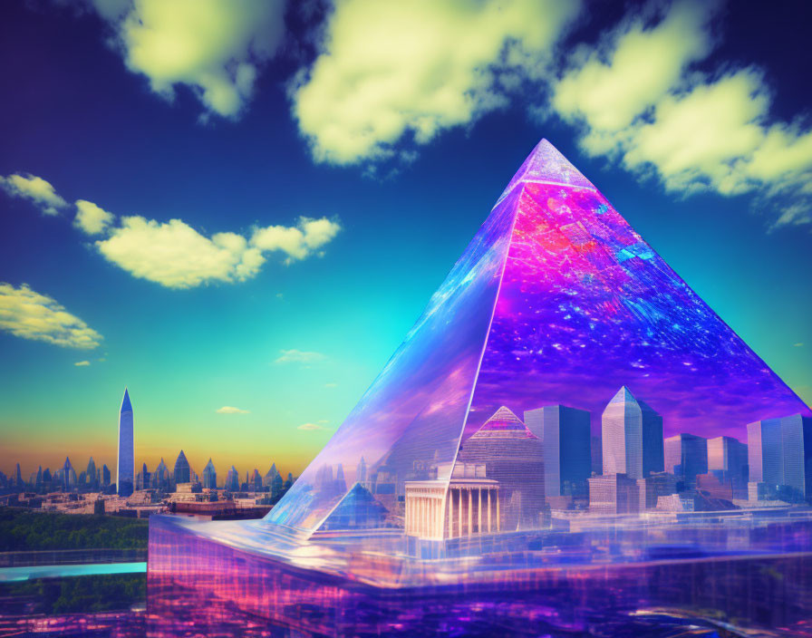 Colorful Translucent Pyramid in Cityscape with Skyscrapers