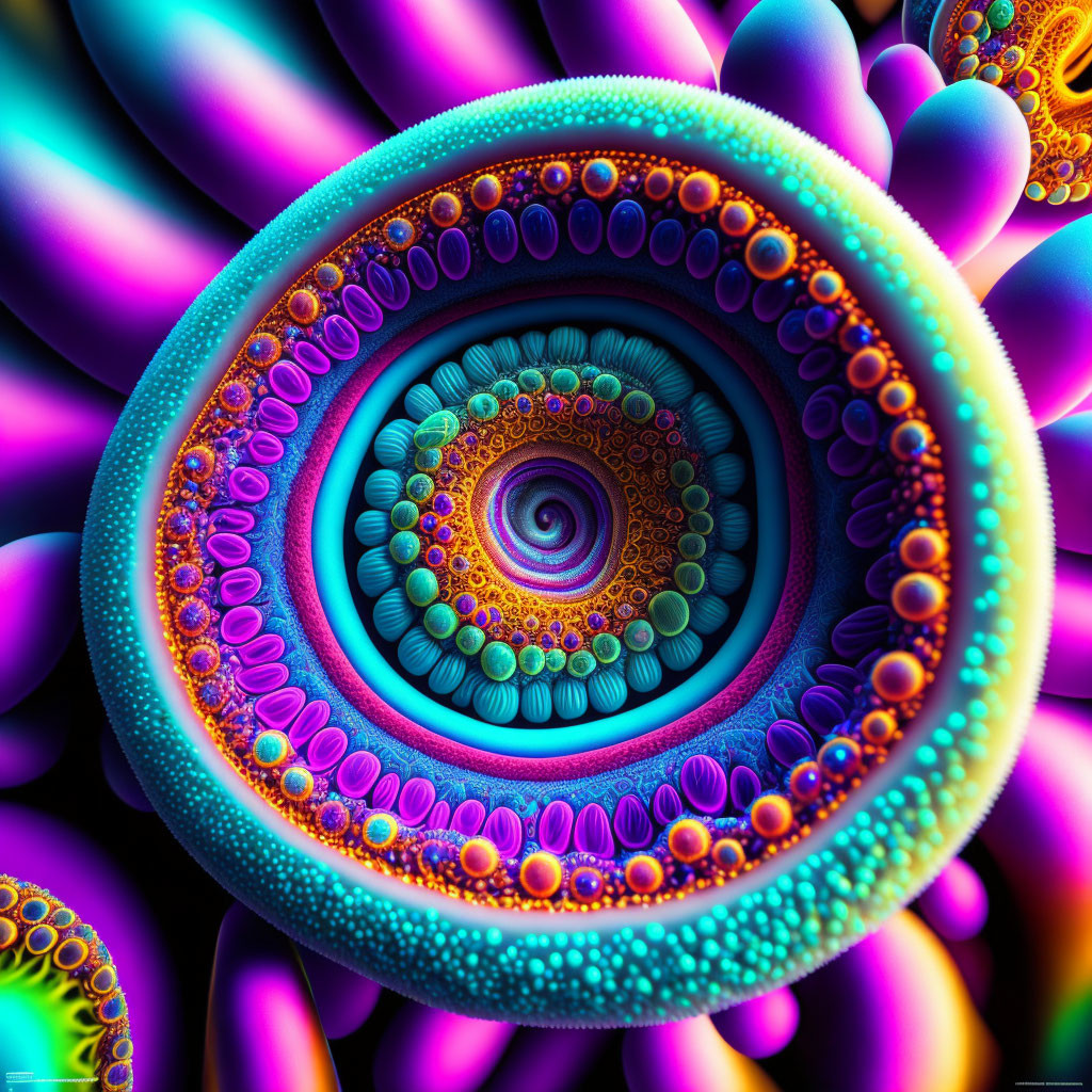 Colorful Fractal Image with Spiraling Pattern in Purples, Blues, and Greens