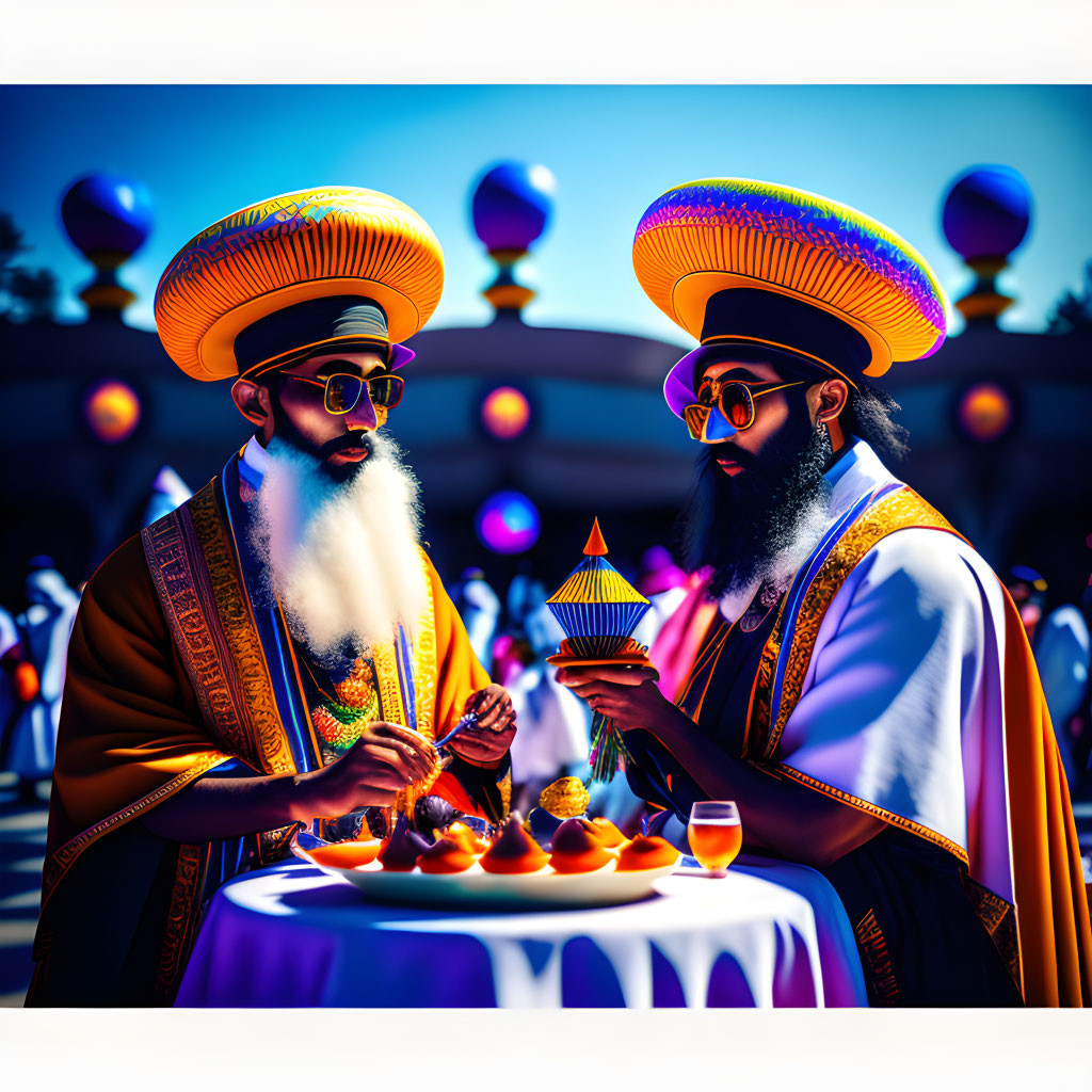 Men in colorful traditional attire holding a lit lamp at festive twilight gathering