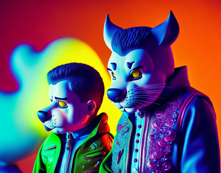 Stylized animal-headed figures in colorful jackets on vibrant background