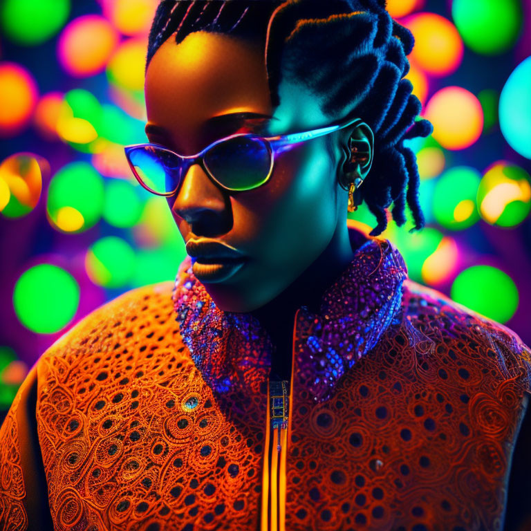 Stylish person with braids in blue glasses and patterned jacket against bokeh lights