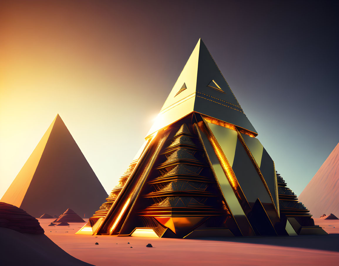 Futuristic golden pyramids in desert landscape at dawn or dusk