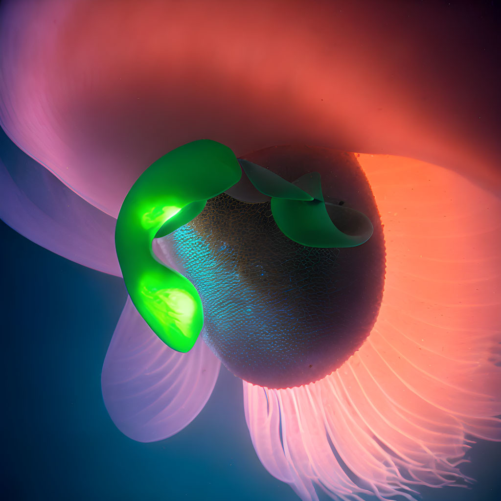 Bioluminescent jellyfish close-up with pink and green colors in dark blue ocean