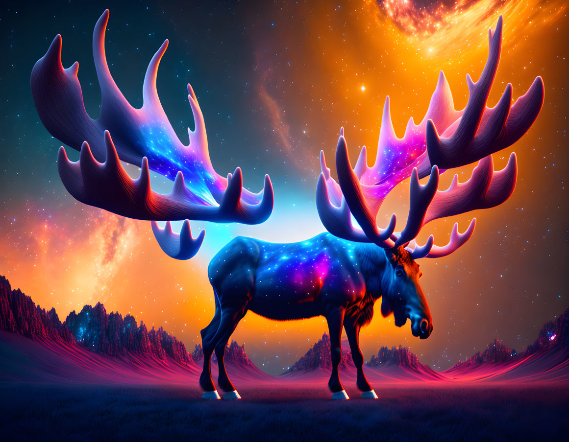 Cosmic moose with galaxy-patterned antlers in surreal landscape