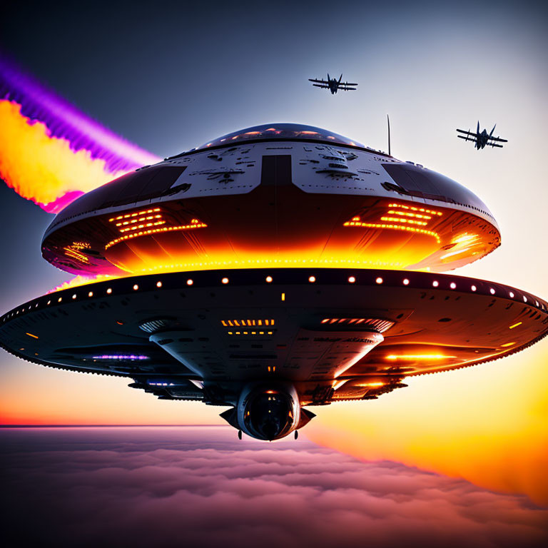 Futuristic spaceship and fighter jets soar in sunset sky