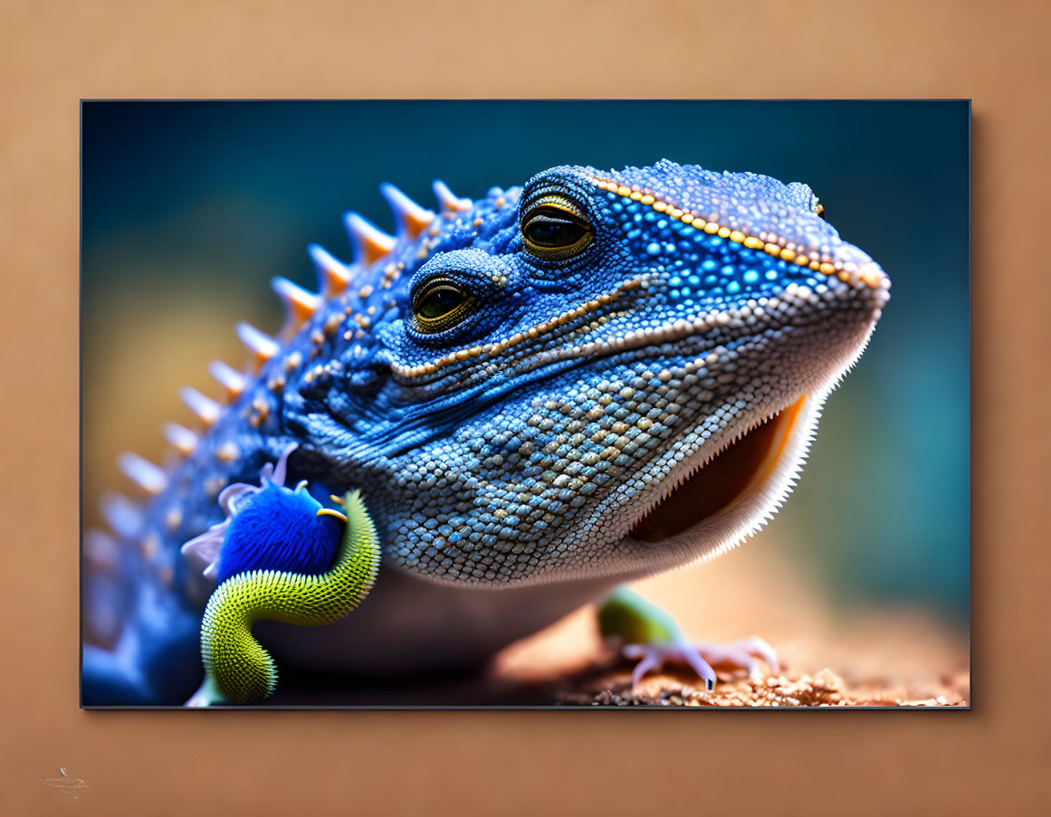 Colorful Blue Iguana Close-Up with Prominent Scales and Spikes