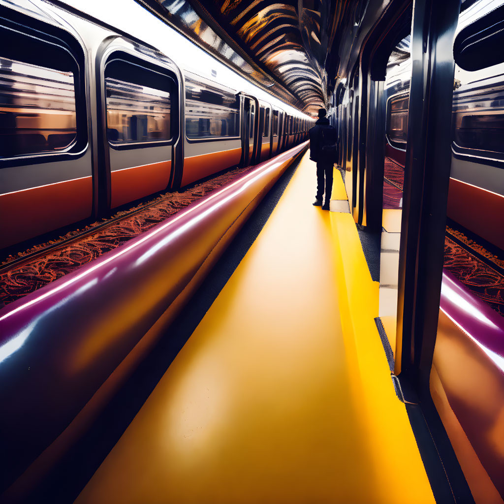 Brightly Lit Subway Car with Motion Blurs and Station Reflections