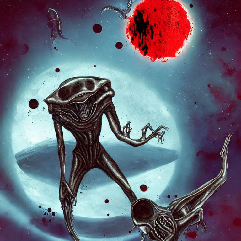 Skeletal alien creature floating in space with red celestial body and astronaut.