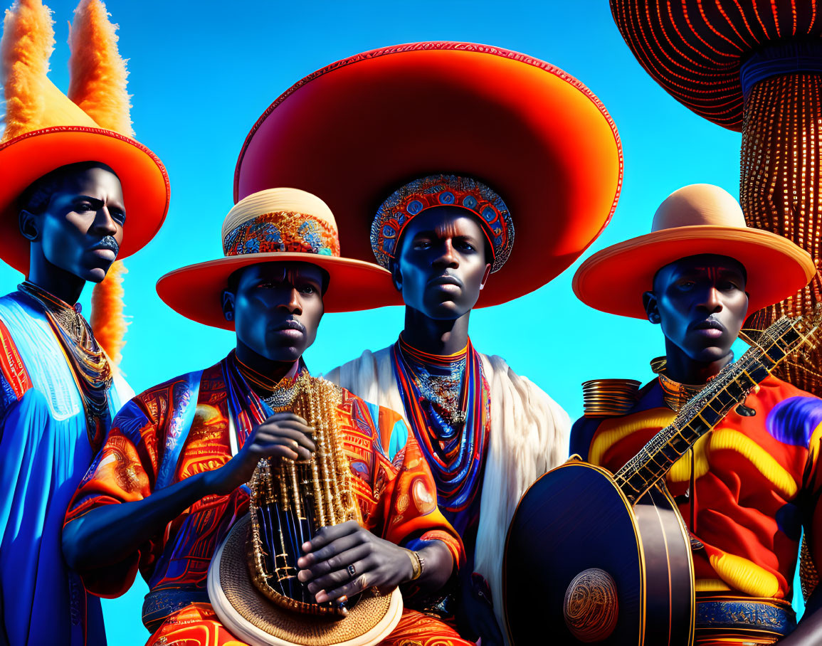 Vibrant African attire stylized figures with oversized hats on blue background