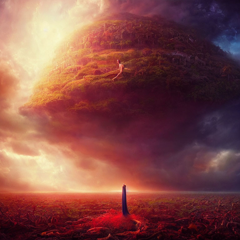 Surreal landscape with flying grassy island above red field and solitary figure facing lightbeam