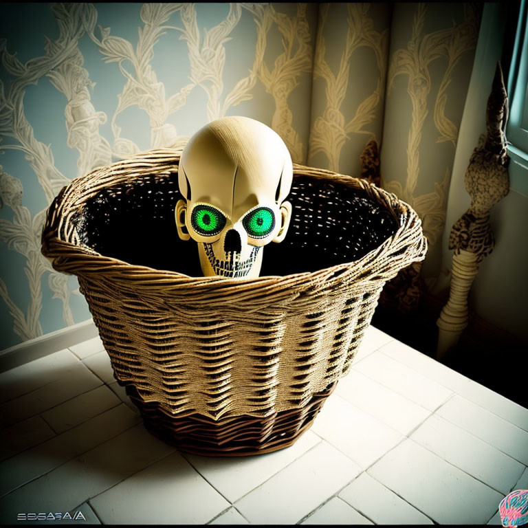 Skull with Green Glasses in Brown Wicker Basket on Patterned Wallpaper