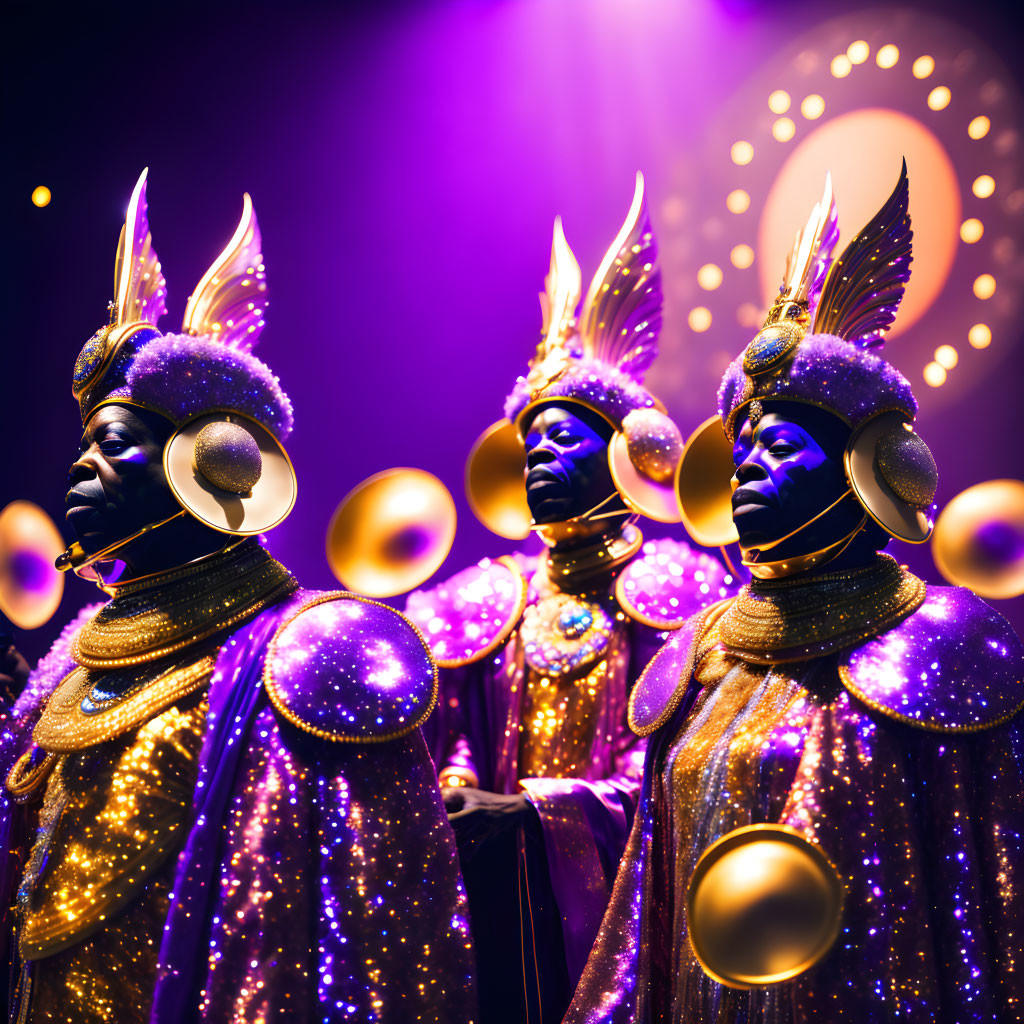 People in elaborate golden outfits with circular headgear under purple lighting.