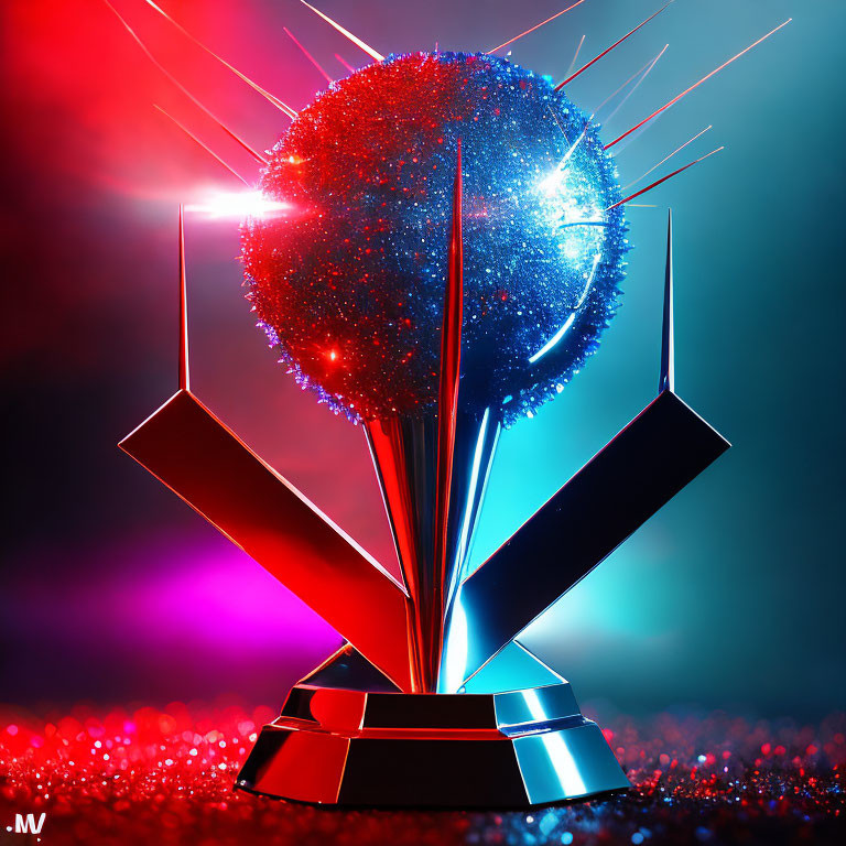 Colorful trophy with glittering sphere and spikes on geometric base on red and blue backdrop