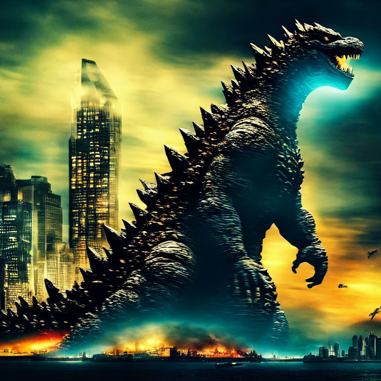 Giant Godzilla dominates fiery cityscape under dramatic sky