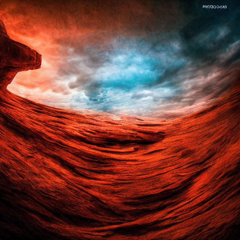 Vibrant red rock formation against fiery sky and blue contrast