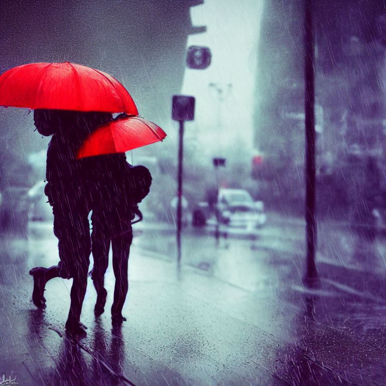 Silhouetted figures with red umbrella on rainy city street