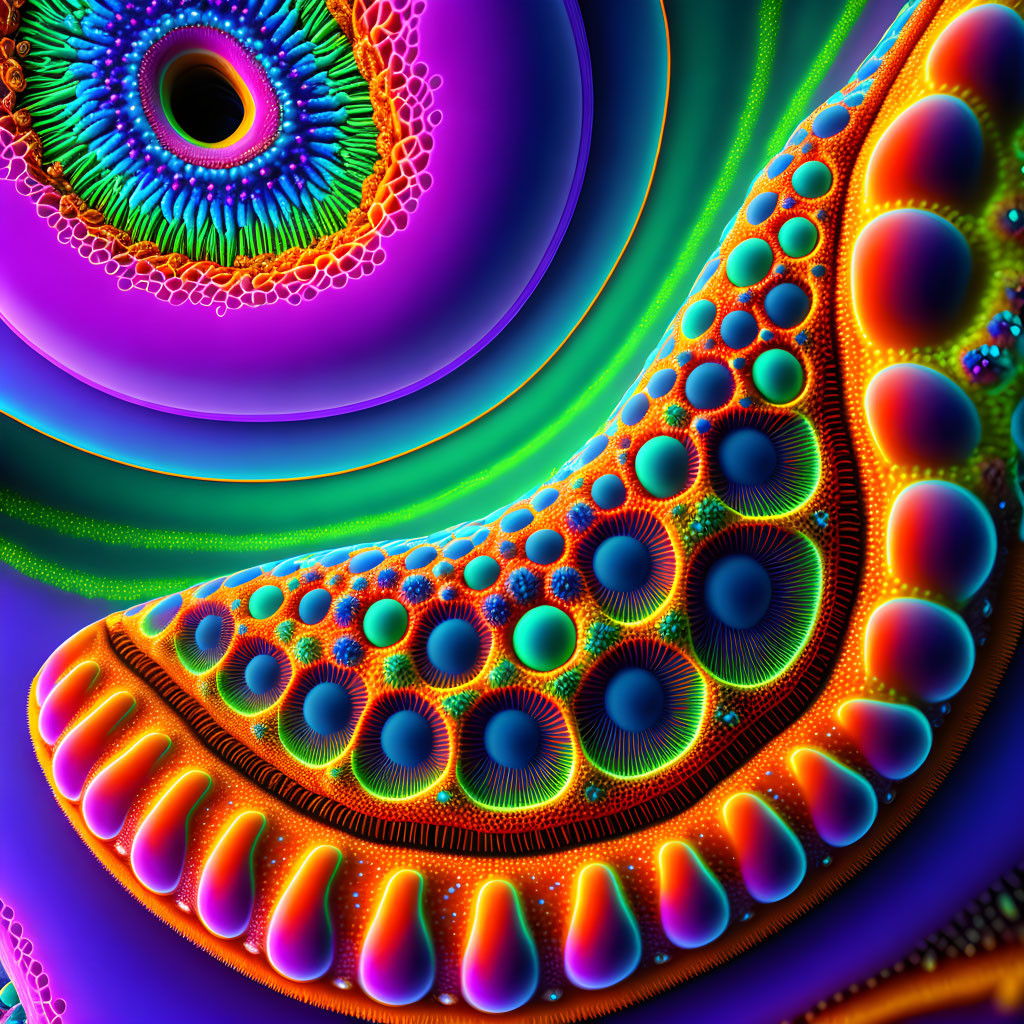 Colorful Fractal Art with Spiral Center and Bubble-like Structures