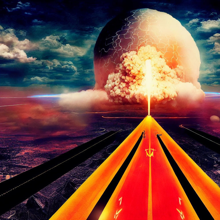 Digital artwork: Nuclear explosion on highway under stormy sky