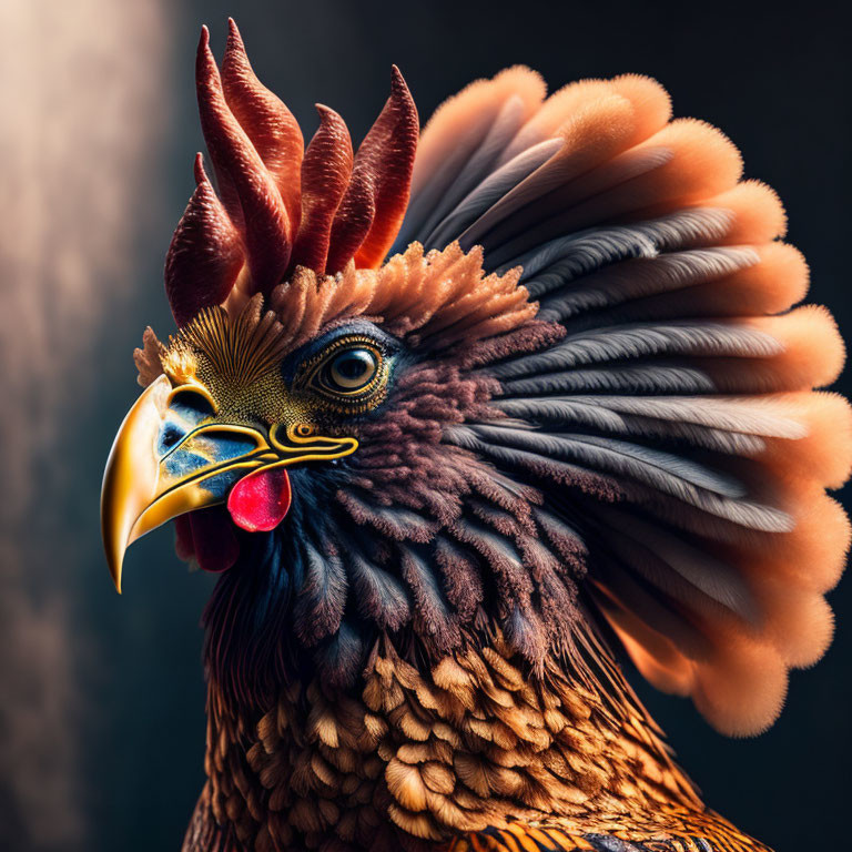 Vibrant rooster head with red crest and golden beak close-up