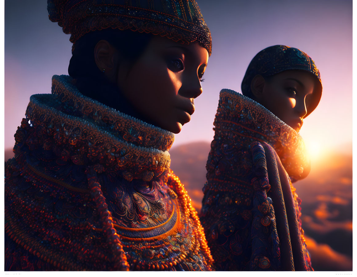 Ornately Dressed Figures Against Sunset Backdrop