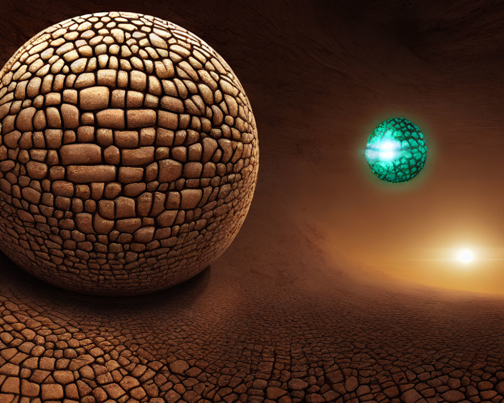 Textured sphere in cavernous tunnel with green grid-patterned sphere and glowing sun.