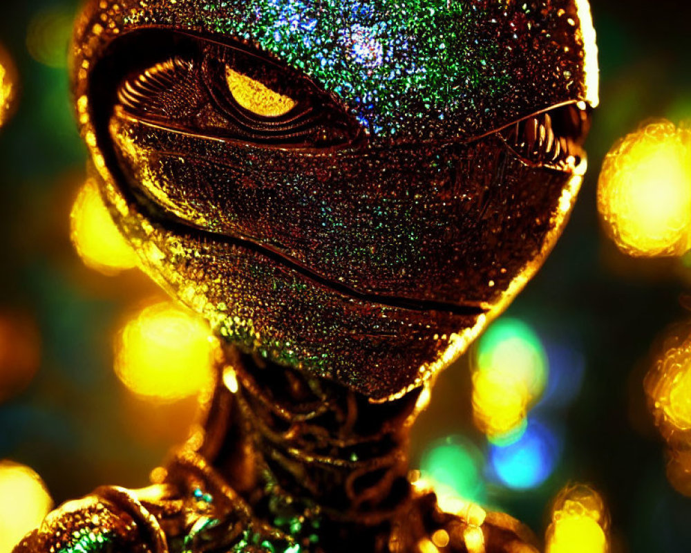 Sparkling humanoid figure with glittery skin and large eyes in close-up view