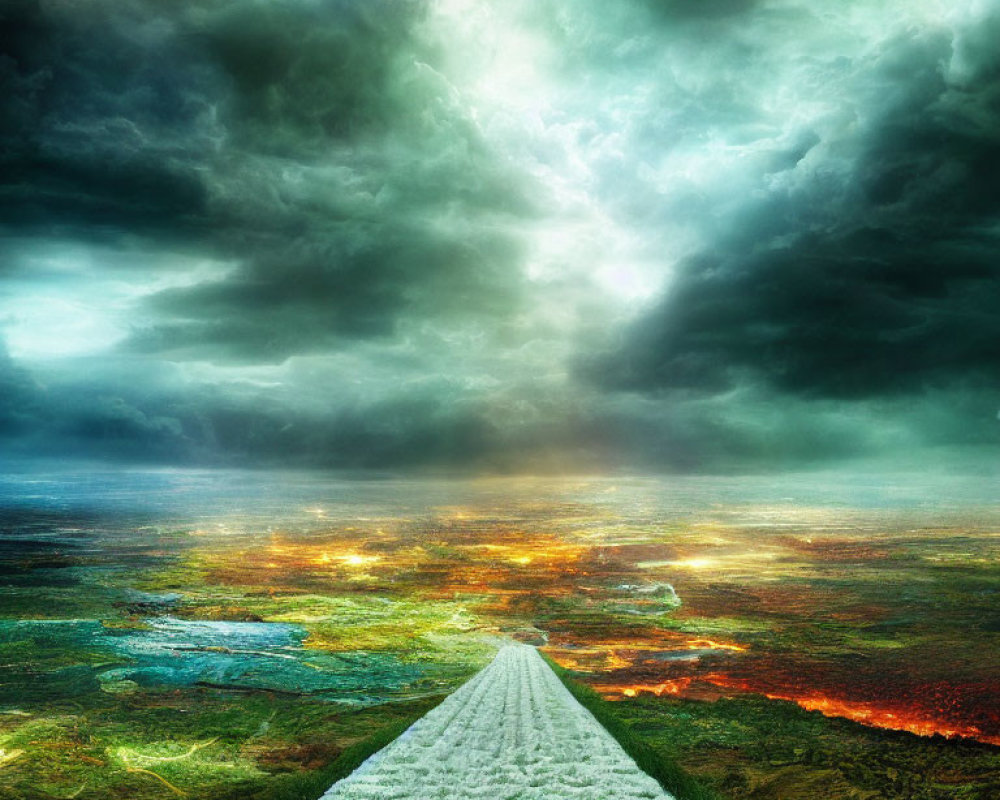 Straight Road Leading to Dramatic Horizon with Storm Clouds and Bright Sky over Fiery Landscape