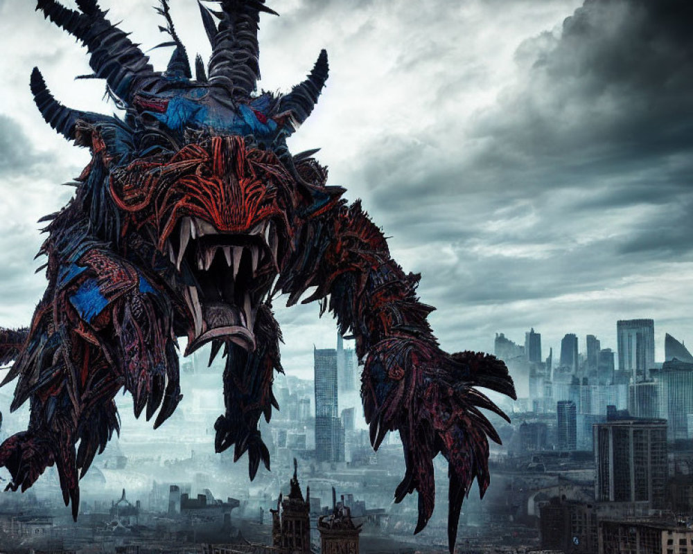 Menacing blue and red dragon over gloomy cityscape with textured scales and wings