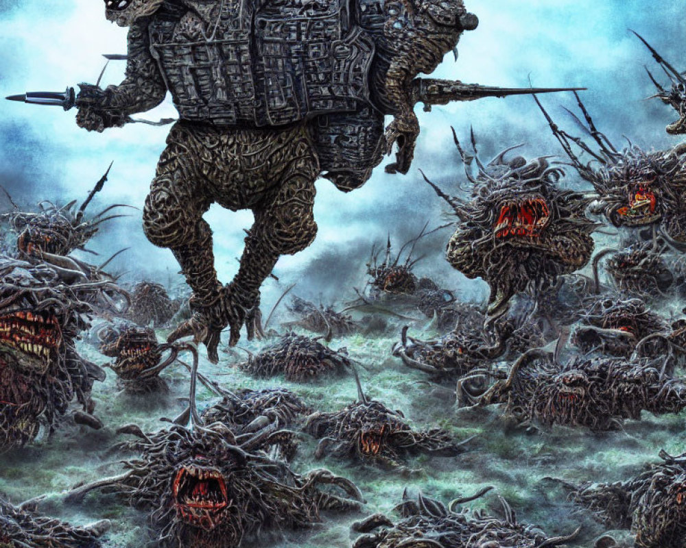 Fantasy battle scene with giant stone golem and monstrous creatures in misty, blue-toned setting