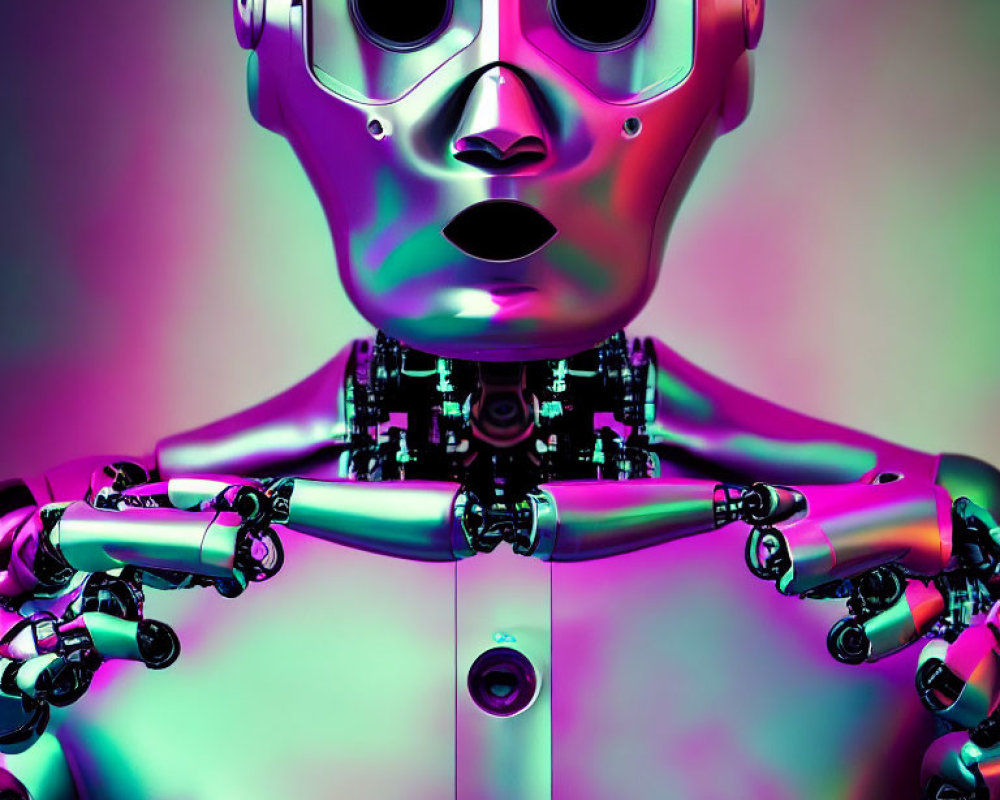 Metallic humanoid robot with articulated arms on multicolored gradient backdrop