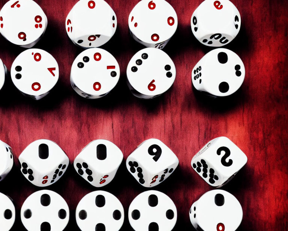 Assorted dice on red textured surface with different numbers.