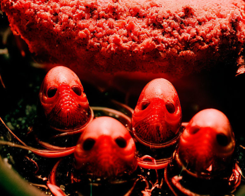 Detailed Red-Tinted Image of Four Fish with Intricate Heads Below Rough-Textured Object