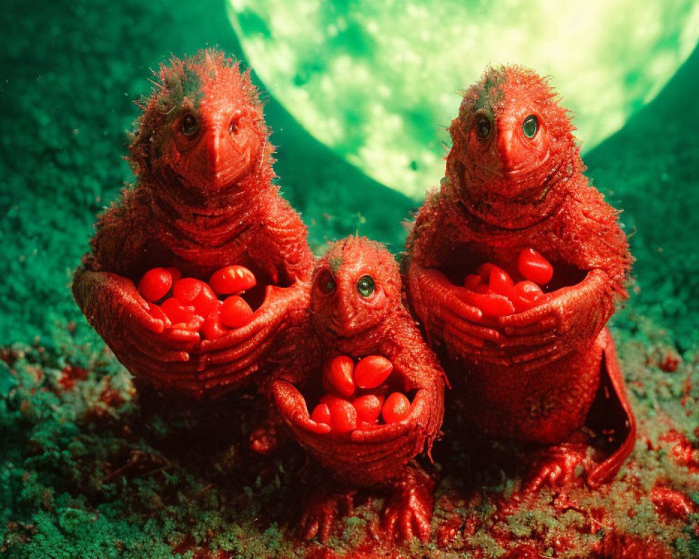 Three red furry creatures with candy hearts underwater backdrop.