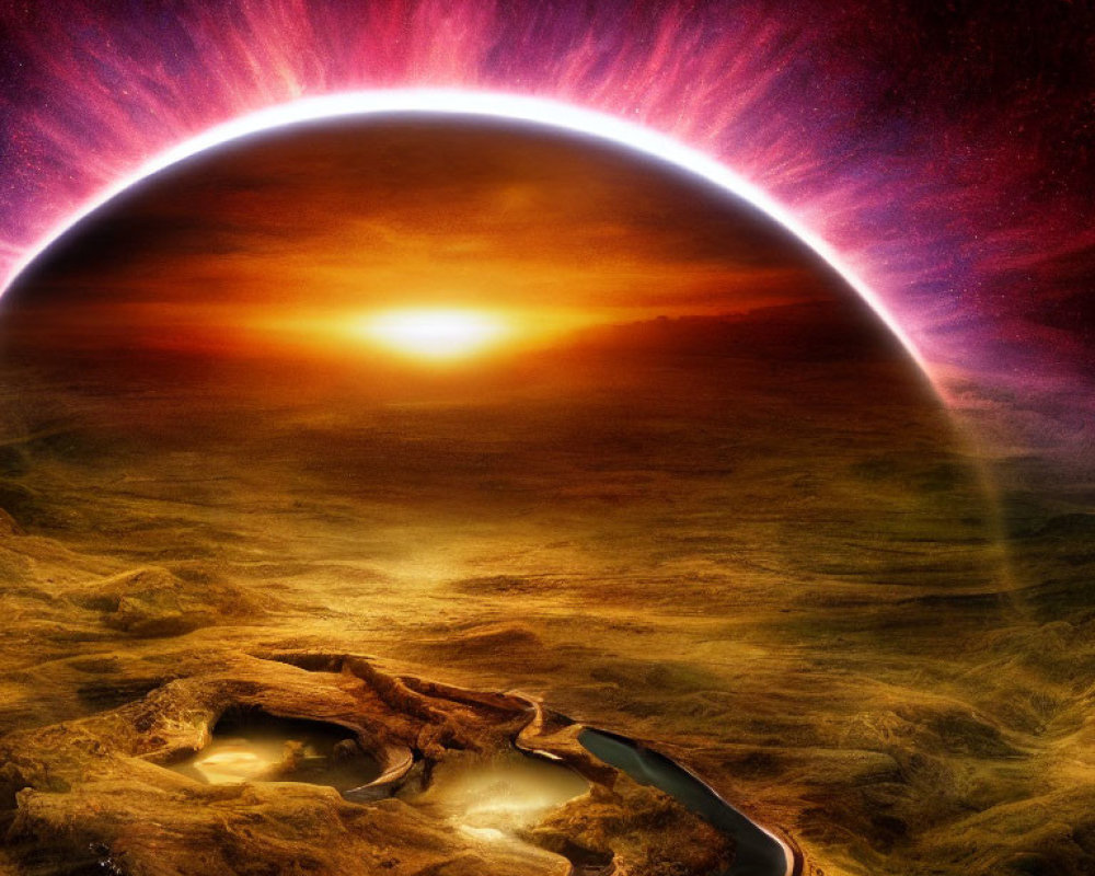 Surreal landscape with glowing sunset and planet on horizon