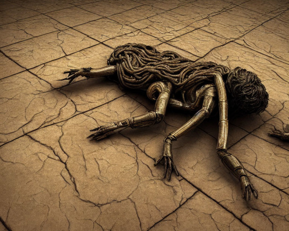 Emaciated figure with twisted limbs on cracked earth