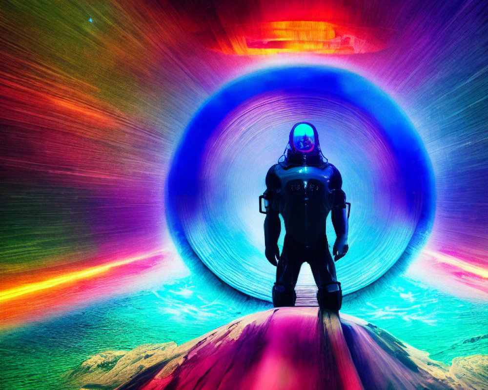 Astronaut in vibrant neon tunnel with bright light