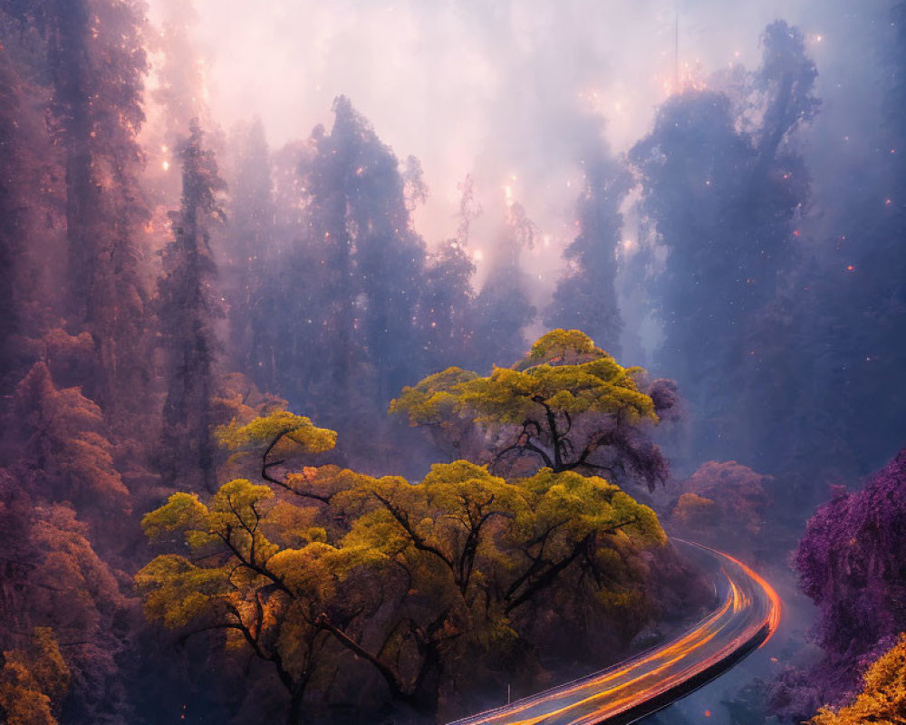 Curved Road with Light Trails in Misty Forest at Twilight