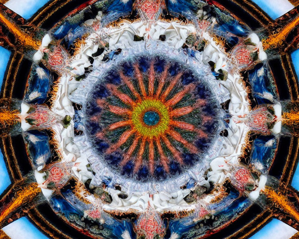 Vibrant Blue, Orange, and White Symmetrical Patterns with Starburst Effect