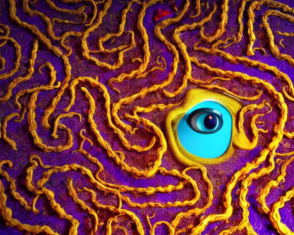 Surreal illustration featuring central blue eye on yellow background