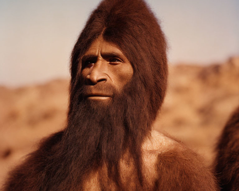 Hominid with Thick Brown Hair in Desert Landscape