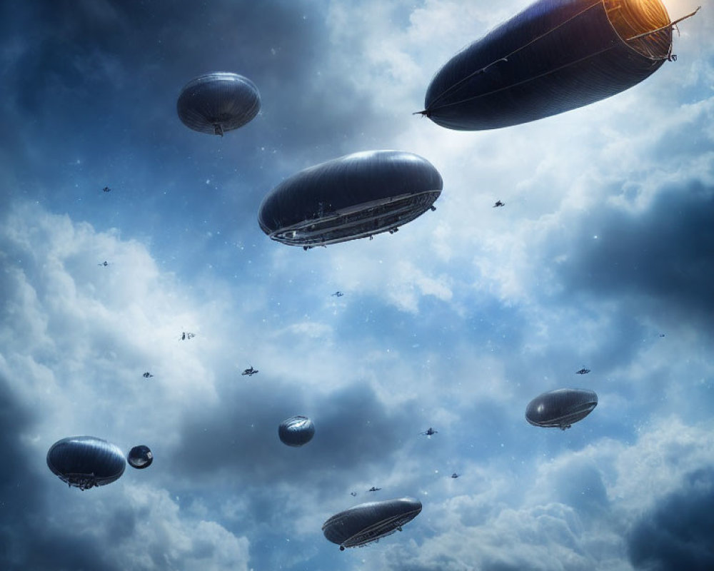 Airships of various sizes in dramatic sky with puffy clouds.