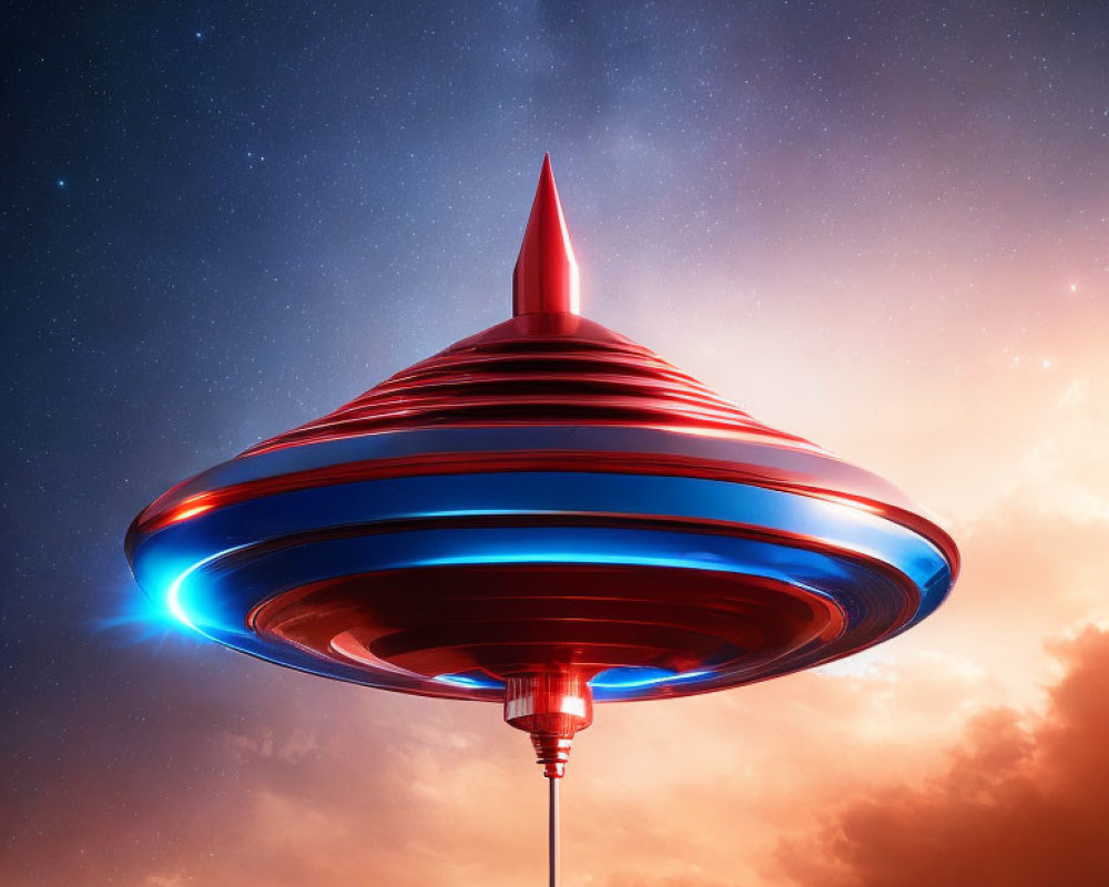 Red and Blue Illuminated UFO Hovering in Starry Sky