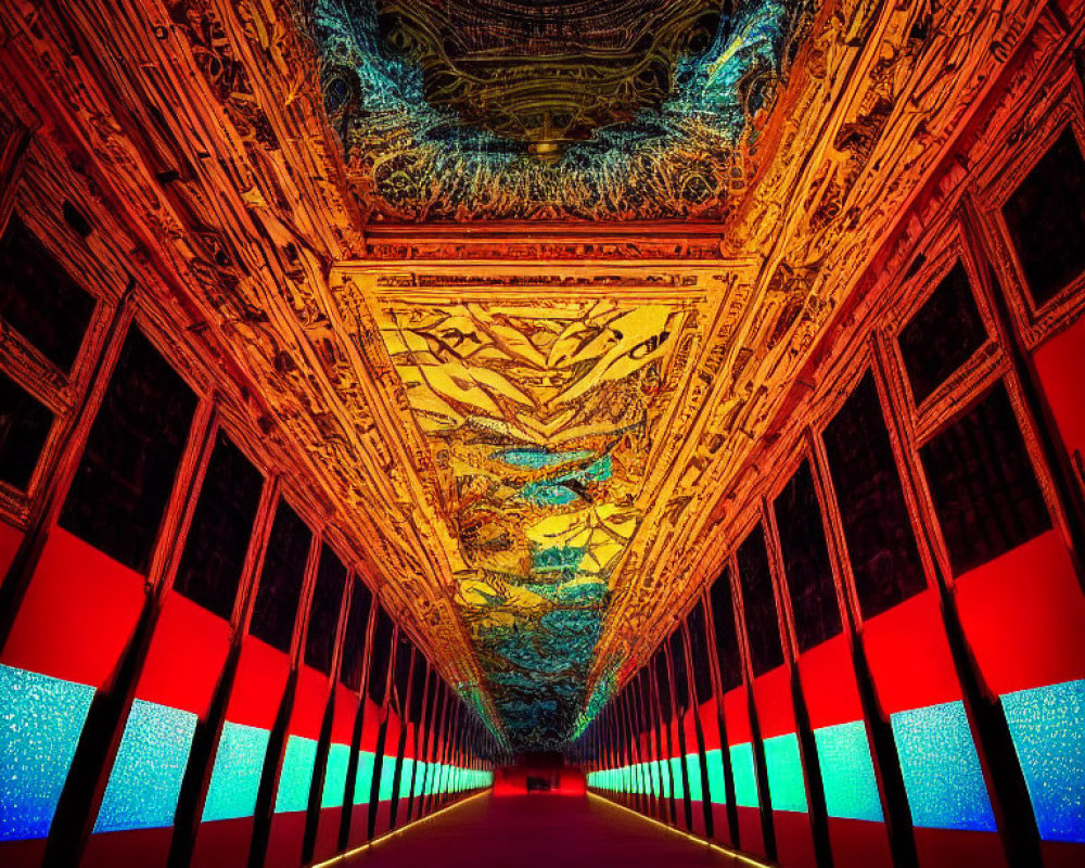 Vibrantly Lit Corridor with Red Glowing Walls and Blue Light Panels