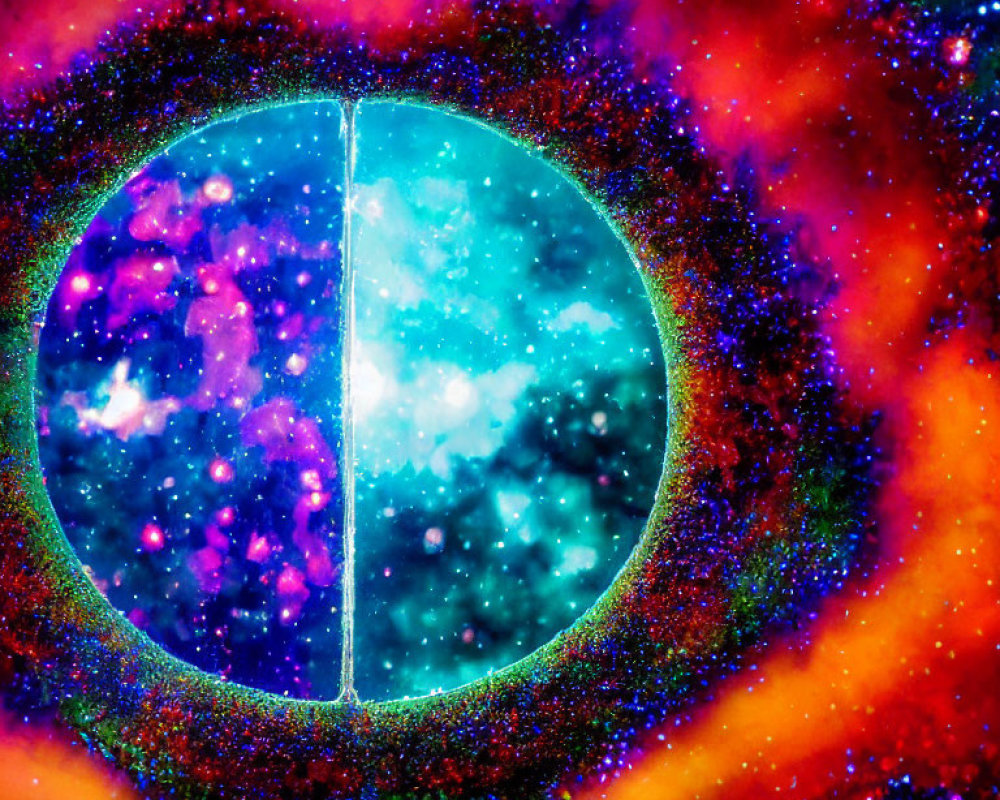 Colorful cosmic sphere with split pupil on nebula background