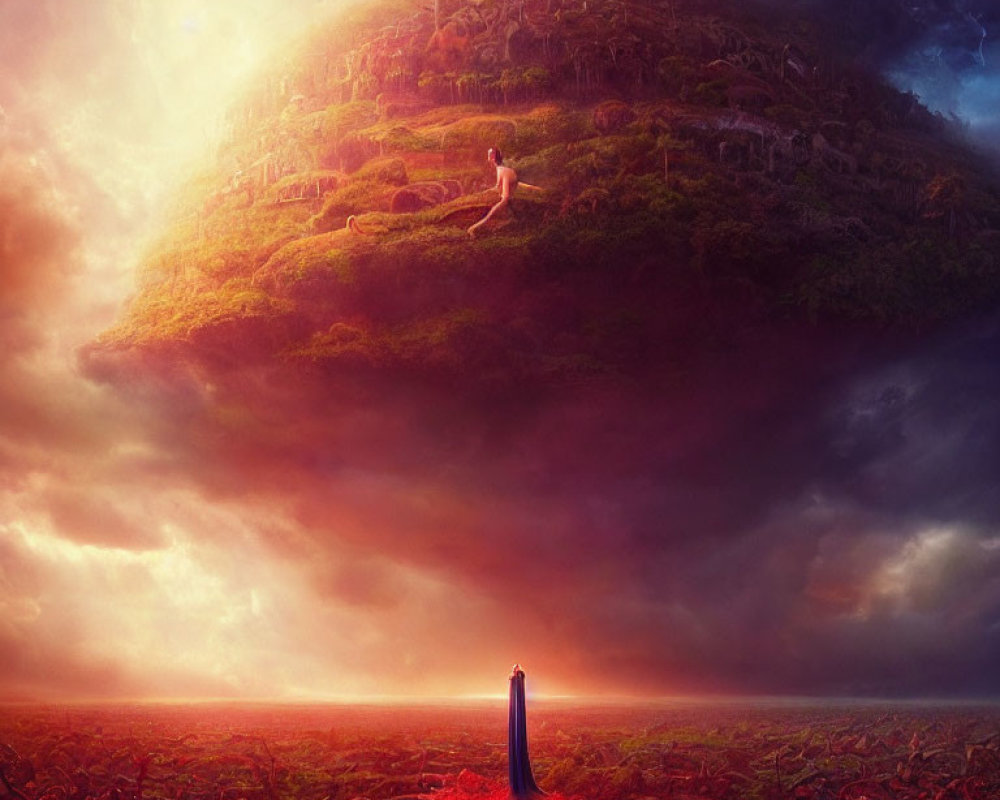 Surreal landscape with flying grassy island above red field and solitary figure facing lightbeam