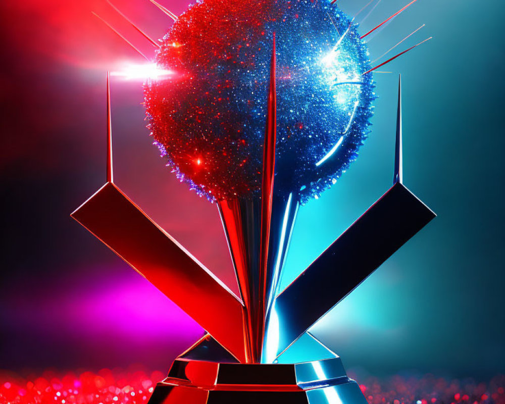 Colorful trophy with glittering sphere and spikes on geometric base on red and blue backdrop