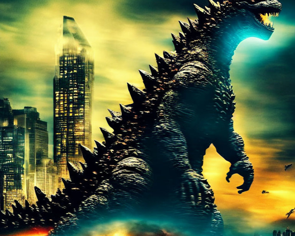 Giant Godzilla dominates fiery cityscape under dramatic sky