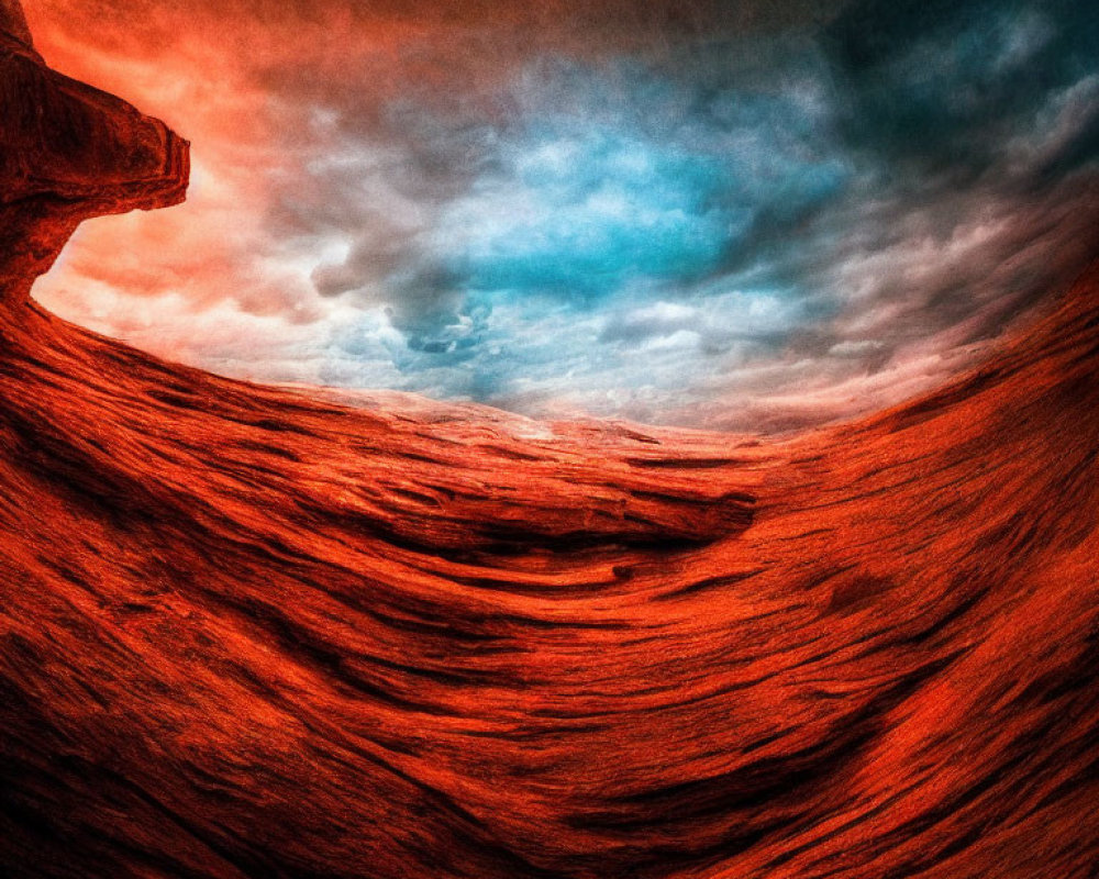 Vibrant red rock formation against fiery sky and blue contrast